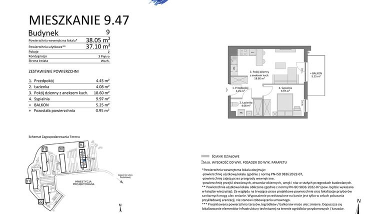 Rzut - Mieszkanie na sprzedaż 2 pokoje o powierzchni 37,1 m² - numer 9.47 w Osiedle Pastelowe etap III