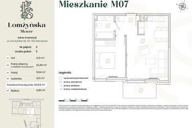 Rzut - Mieszkanie na sprzedaż 2 pokoje o powierzchni 43,54 m² - numer 7 w Łomżyńska Skwer