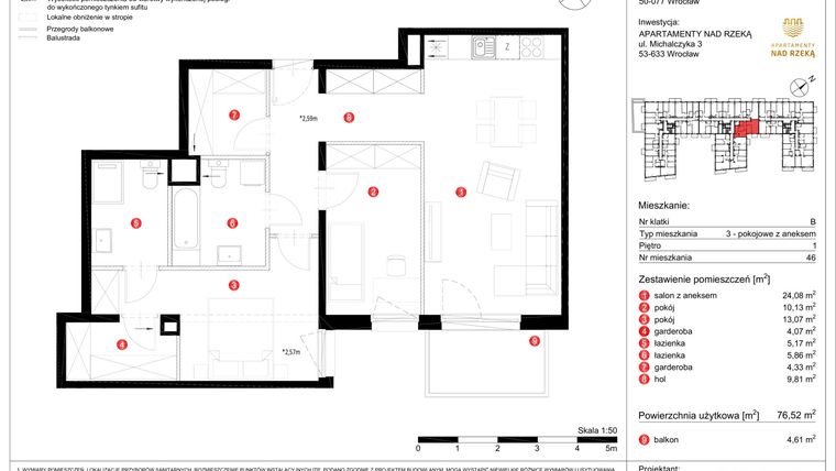 Rzut - Mieszkanie na sprzedaż 3 pokoje o powierzchni 76,52 m² - numer 46 w Apartamenty nad Rzeką
