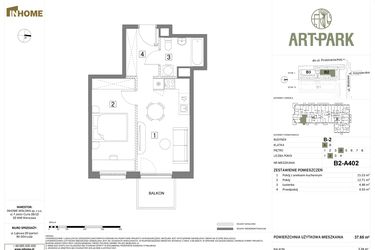 Rzut - Mieszkanie na sprzedaż 2 pokoje o powierzchni 37,65 m² - numer B.2.A402 w Inhome Osiedle ArtPark etap I