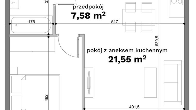 Rzut - Mieszkanie na sprzedaż 2 pokoje o powierzchni 48,77 m² - numer C1-38 w Forma Otwarta etap C