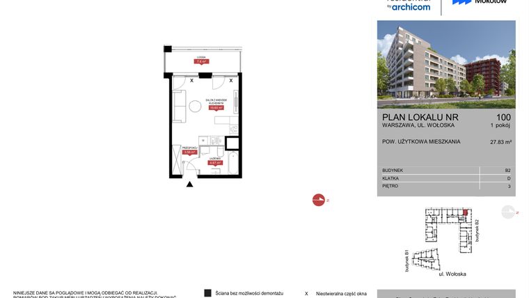 Rzut - Mieszkanie na sprzedaż 1 pokój o powierzchni 27,8 m² - numer B2.100 w Modern Mokotów etap 1 budynek A, B1 i B2