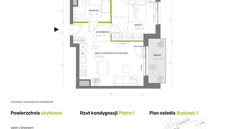 Rzut - Mieszkanie na sprzedaż 2 pokoje o powierzchni 50,1 m² - numer 1.01.M17 w Morska Vita