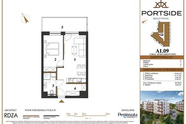 Rzut - Mieszkanie na sprzedaż 2 pokoje o powierzchni 39,76 m² - numer A1.09 w Portside Bałtycka