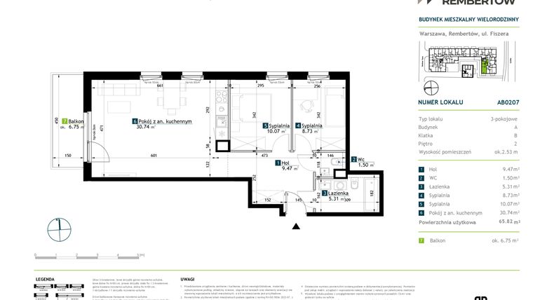 Rzut - Mieszkanie na sprzedaż 3 pokoje o powierzchni 65,82 m² - numer AB0207 w Stacja Rembertów