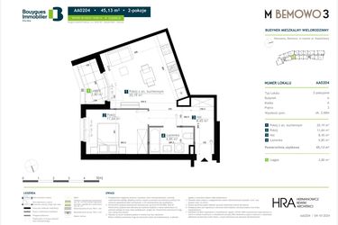 Rzut - Mieszkanie na sprzedaż 2 pokoje o powierzchni 45,13 m² - numer AA0204 w M Bemowo 3