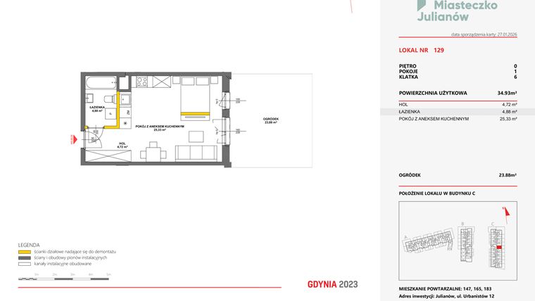 Rzut - Mieszkanie na sprzedaż 1 pokój o powierzchni 34,9 m² - numer 129 w Miasteczko Julianów