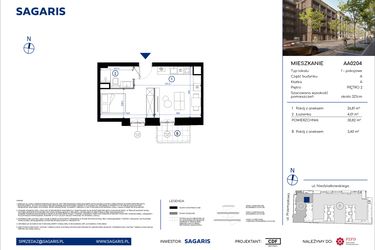 Rzut - Mieszkanie na sprzedaż 1 pokój o powierzchni 34,22 m² - numer AA0204 w Niedziałkowskiego Park
