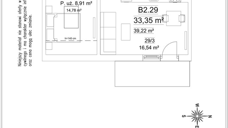 Rzut - Mieszkanie na sprzedaż 2 pokoje o powierzchni 33,35 m² - numer B2.29 w Osiedle Versus