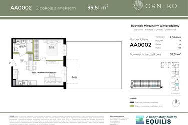 Rzut - Mieszkanie na sprzedaż 2 pokoje o powierzchni 35,51 m² - numer AA0002 w Orneko