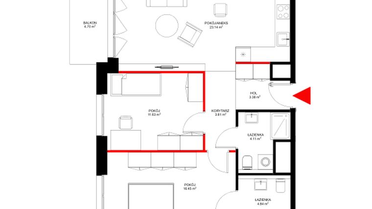 Rzut - Mieszkanie na sprzedaż 3 pokoje o powierzchni 69,45 m² - numer E.5.1 w INSPIRE ETAP IV – bud. E
