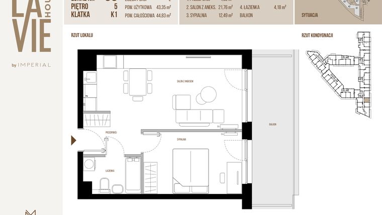 Rzut - Mieszkanie na sprzedaż 2 pokoje o powierzchni 43,35 m² - numer 39 w La Vie House