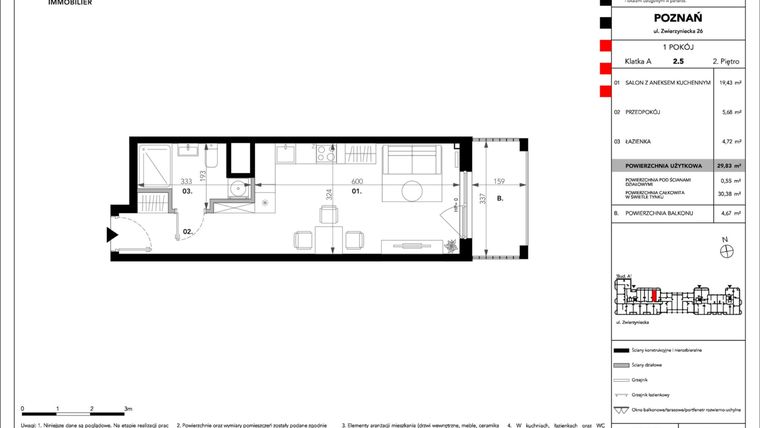 Rzut - Mieszkanie na sprzedaż 1 pokój o powierzchni 29,83 m² - numer B.A.2.5 w Zajezdnia