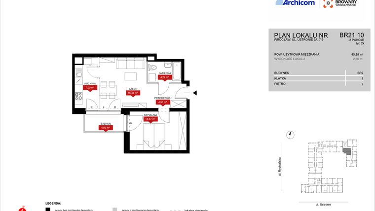 Rzut - Mieszkanie na sprzedaż 2 pokoje o powierzchni 45,99 m² - numer BR21/10 w Browary Wrocławskie 2