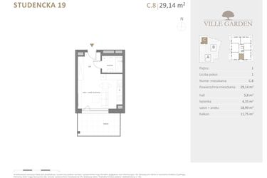Rzut - Mieszkanie na sprzedaż 1 pokój o powierzchni 29,14 m² - numer C.08 w Ville Garden