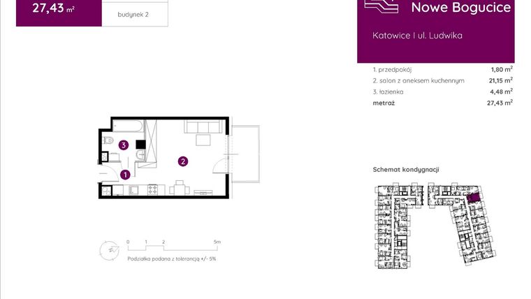 Rzut - Mieszkanie na sprzedaż 1 pokój o powierzchni 27,43 m² - numer 2.B.1.02 w Murapol Nowe Bogucice
