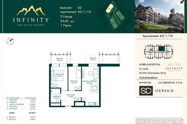 Rzut - Mieszkanie na sprzedaż 3 pokoje o powierzchni 50,05 m² - numer B3.1.10 w Infinity Mountain Resort