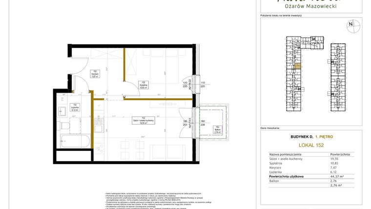 Rzut - Mieszkanie na sprzedaż 2 pokoje o powierzchni 44,51 m² - numer 152 w Aura Nova etap II