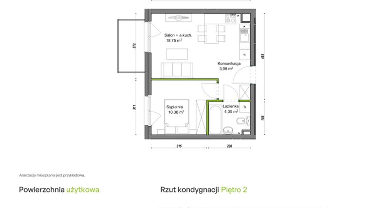 Rzut - Mieszkanie na sprzedaż 2 pokoje o powierzchni 37,41 m² - numer E1/B/10 w Orawska Vita