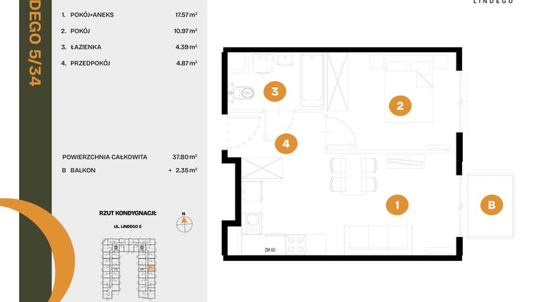 Rzut - Mieszkanie na sprzedaż 2 pokoje o powierzchni 37,8 m² - numer 34 w CLOU LINDEGO