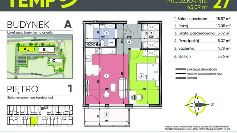 Rzut - Mieszkanie na sprzedaż 2 pokoje o powierzchni 45,09 m² - numer A27 w Osiedle TEMPO