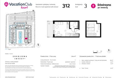 Rzut - Mieszkanie na sprzedaż 1 pokój o powierzchni 29,4 m² - numer 312 w VacationClub Resort