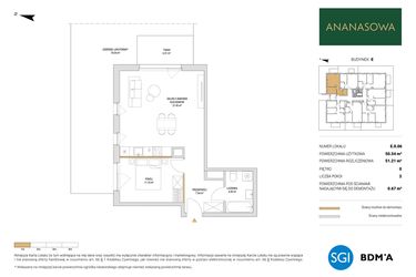 Rzut - Mieszkanie na sprzedaż 2 pokoje o powierzchni 51,21 m² - numer E.0.06 w Ananasowa