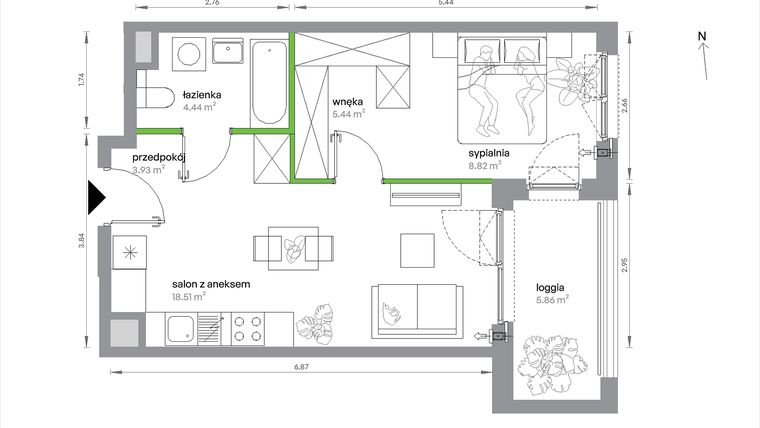 Rzut - Mieszkanie na sprzedaż 2 pokoje o powierzchni 41,14 m² - numer 1/A/3/5 w Sochaczewska Vita