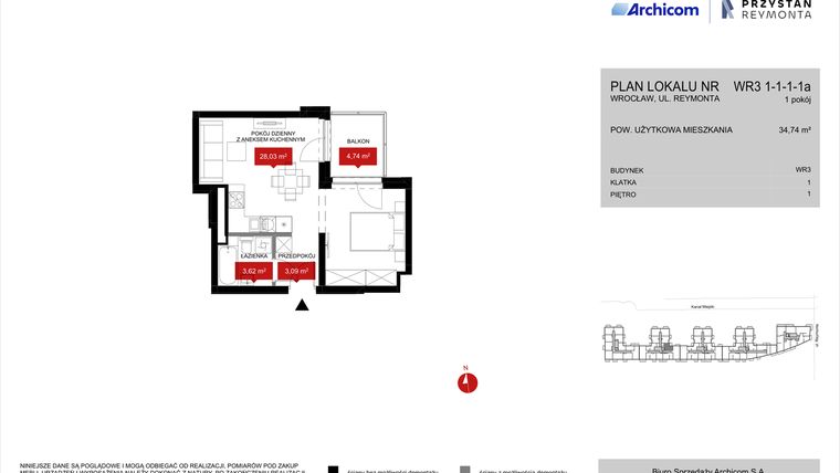 Rzut - Mieszkanie na sprzedaż 1 pokój o powierzchni 34,74 m² - numer WR3 1/1/1/1a w Przystań Reymonta etap II
