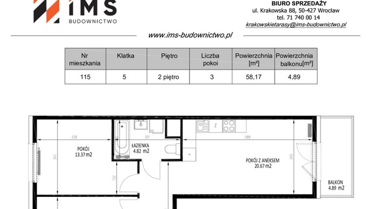 Rzut - Mieszkanie na sprzedaż 3 pokoje o powierzchni 58,27 m² - numer 115 w Krakowskie Tarasy etap V