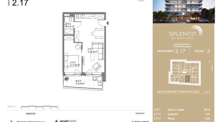 Rzut - Mieszkanie na sprzedaż 2 pokoje o powierzchni 42,38 m² - numer 2.17 w Splendit Świnoujście