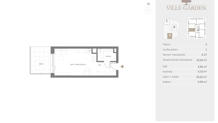 Rzut - Mieszkanie na sprzedaż 1 pokój o powierzchni 29,69 m² - numer A.27 w Ville Garden