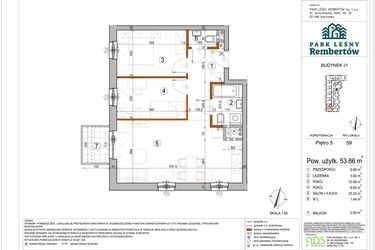 Rzut - Mieszkanie na sprzedaż 3 pokoje o powierzchni 53,86 m² - numer J1-59 w Park Leśny Rembertów etap VIII