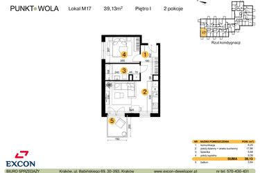 Rzut - Mieszkanie na sprzedaż 2 pokoje o powierzchni 39,13 m² - numer M17 w Punkt Wola