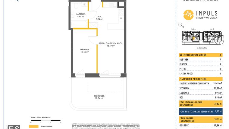 Rzut - Mieszkanie na sprzedaż 2 pokoje o powierzchni 39,77 m² - numer A/9 w Impuls Marywilska