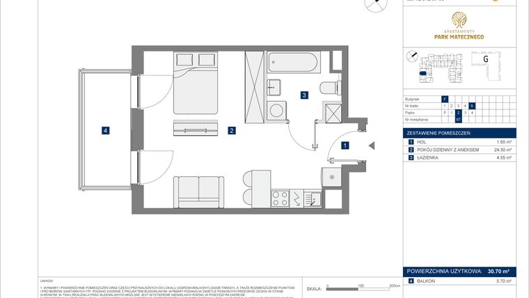 Rzut - Mieszkanie na sprzedaż 1 pokój o powierzchni 30,7 m² - numer F-67 w Apartamenty Park Matecznego Etap 2