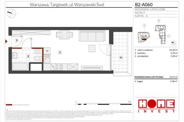 Rzut - Mieszkanie na sprzedaż 1 pokój o powierzchni 29,97 m² - numer B2-A060 w Warszawski Świt etap IX