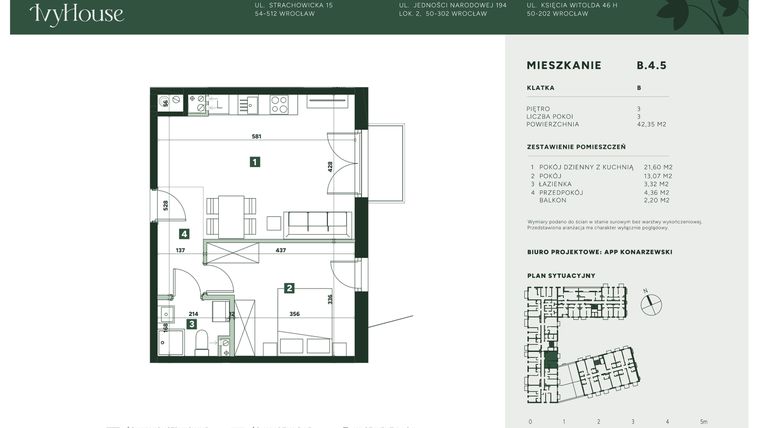 Rzut - Mieszkanie na sprzedaż 2 pokoje o powierzchni 42,35 m² - numer B.4.5 w IVY HOUSE