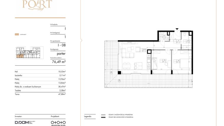 Rzut - Mieszkanie na sprzedaż 3 pokoje o powierzchni 76,49 m² - numer I_8 w Warmiński Port etap V