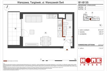 Rzut - Mieszkanie na sprzedaż 1 pokój o powierzchni 29,76 m² - numer B1-B135 w Warszawski Świt etap VIII