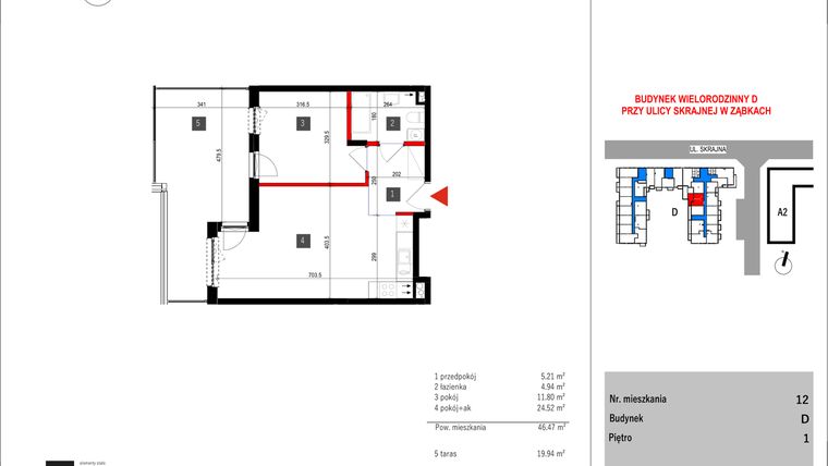 Rzut - Mieszkanie na sprzedaż 2 pokoje o powierzchni 46,47 m² - numer D.12 w Skrajna 9 bud. D