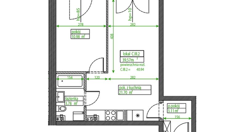 Rzut - Mieszkanie na sprzedaż 2 pokoje o powierzchni 39,57 m² - numer C.III.2 w Osiedle Opolska