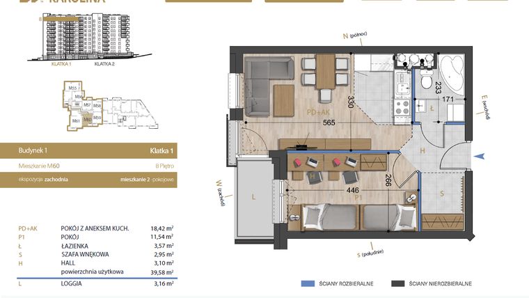 Rzut - Mieszkanie na sprzedaż 2 pokoje o powierzchni 39,58 m² - numer 60 w Osiedle Dakar Karolina