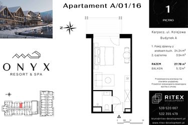 Rzut - Mieszkanie na sprzedaż 1 pokój o powierzchni 27,78 m² - numer 01.A16 w Onyx Resort & Spa