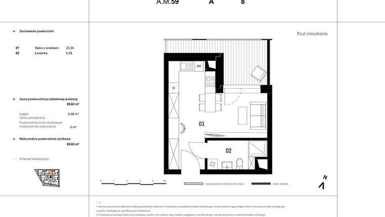 Rzut - Mieszkanie na sprzedaż 1 pokój o powierzchni 29,45 m² - numer A.M.59 w VIDOK