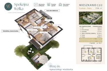 Rzut - Mieszkanie na sprzedaż 3 pokoje o powierzchni 57,66 m² - numer C2/2 w Spokojna Wólka etap IV