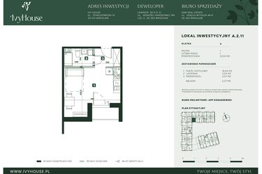 Rzut - Mieszkanie na sprzedaż 1 pokój o powierzchni 23,55 m² - numer A.2.11 w IVY HOUSE - Apartamenty inwestycyjne