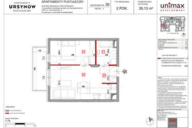 Rzut - Mieszkanie na sprzedaż 2 pokoje o powierzchni 39,13 m² - numer M36 w Apartamenty Pustułeczki