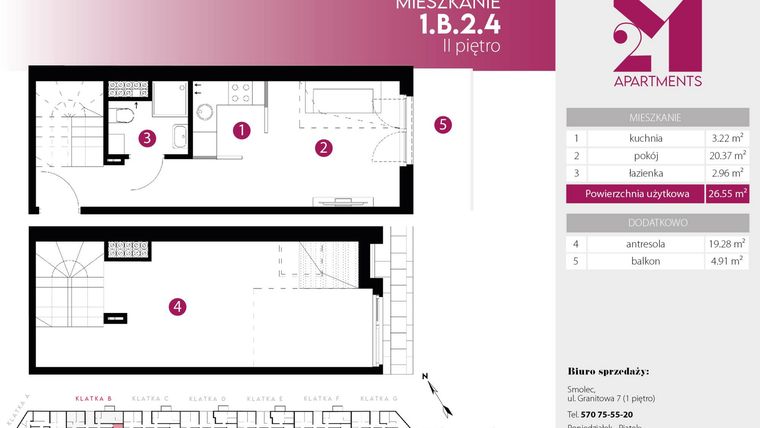 Rzut - Mieszkanie na sprzedaż 2 pokoje o powierzchni 45,83 m² - numer 1.B.2.4 w 2M Apartments etap IV