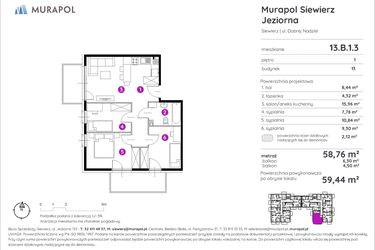 Rzut - Mieszkanie na sprzedaż 4 pokoje o powierzchni 59,44 m² - numer 13.B.1.3 w Murapol Siewierz Jeziorna
